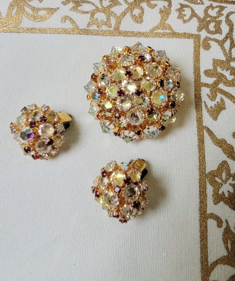 Vtg Austrian Crystal Dome Cluster Brooch and Clip Earrings Aurora Borealis Ruby